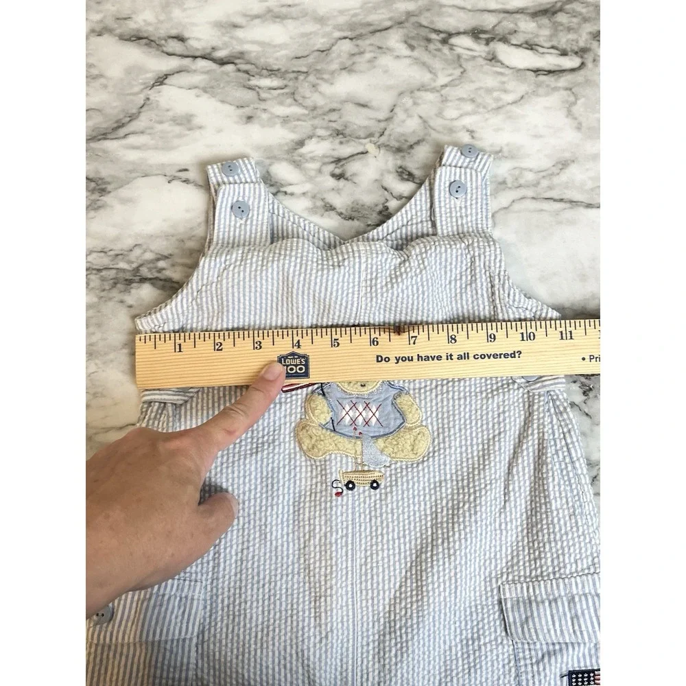 Vtg Striped Romper Bear Flag Americana  24 Months Toddler Blue White Patriotic